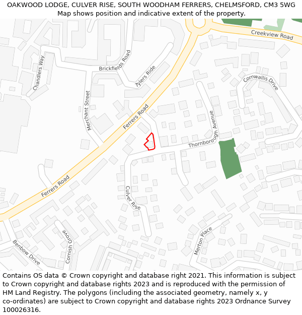 OAKWOOD LODGE, CULVER RISE, SOUTH WOODHAM FERRERS, CHELMSFORD, CM3 5WG: Location map and indicative extent of plot