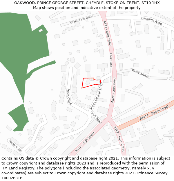 OAKWOOD, PRINCE GEORGE STREET, CHEADLE, STOKE-ON-TRENT, ST10 1HX: Location map and indicative extent of plot