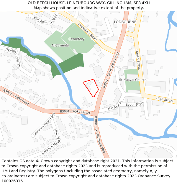 OLD BEECH HOUSE, LE NEUBOURG WAY, GILLINGHAM, SP8 4XH: Location map and indicative extent of plot