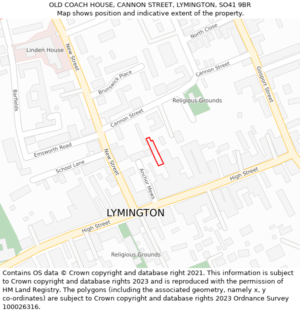 OLD COACH HOUSE, CANNON STREET, LYMINGTON, SO41 9BR: Location map and indicative extent of plot