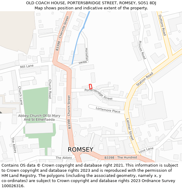 OLD COACH HOUSE, PORTERSBRIDGE STREET, ROMSEY, SO51 8DJ: Location map and indicative extent of plot