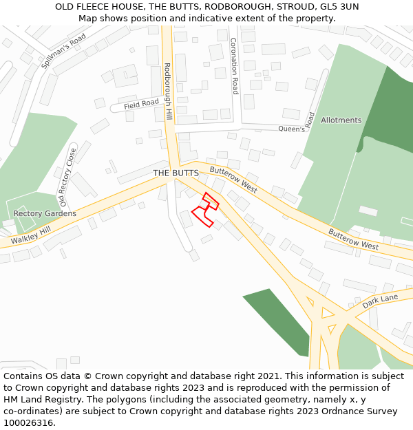 OLD FLEECE HOUSE, THE BUTTS, RODBOROUGH, STROUD, GL5 3UN: Location map and indicative extent of plot