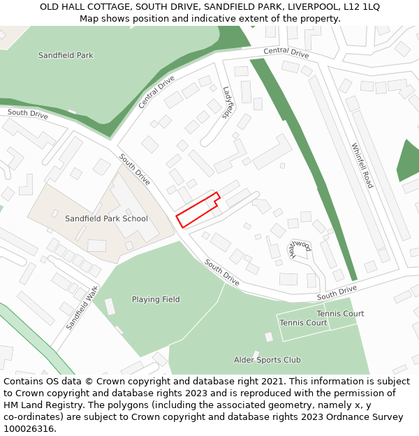OLD HALL COTTAGE, SOUTH DRIVE, SANDFIELD PARK, LIVERPOOL, L12 1LQ: Location map and indicative extent of plot