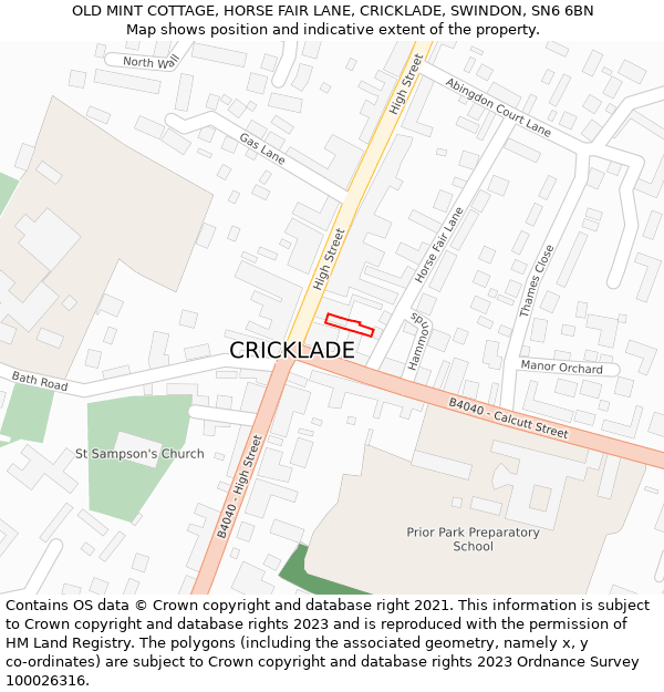 OLD MINT COTTAGE, HORSE FAIR LANE, CRICKLADE, SWINDON, SN6 6BN: Location map and indicative extent of plot