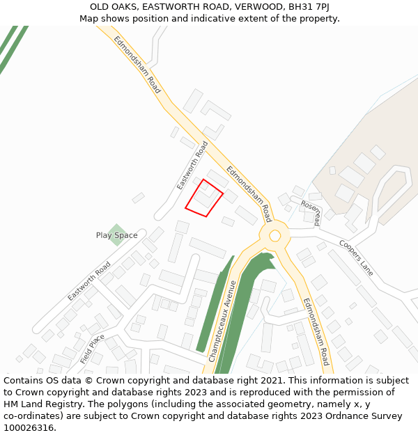 OLD OAKS, EASTWORTH ROAD, VERWOOD, BH31 7PJ: Location map and indicative extent of plot