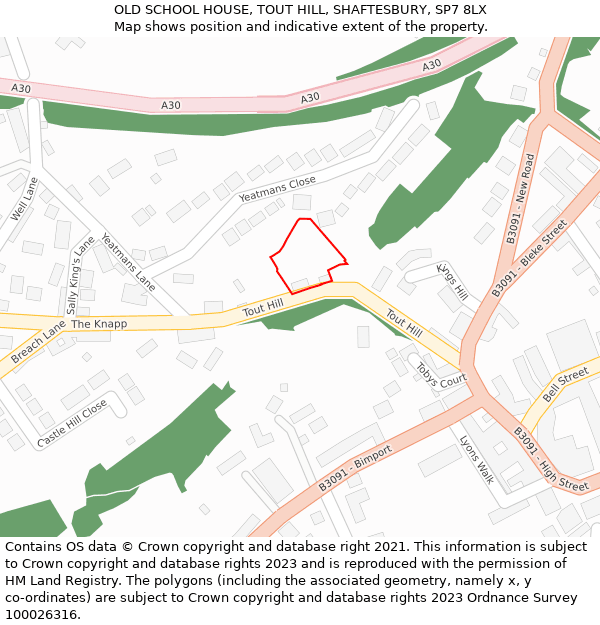 OLD SCHOOL HOUSE, TOUT HILL, SHAFTESBURY, SP7 8LX: Location map and indicative extent of plot