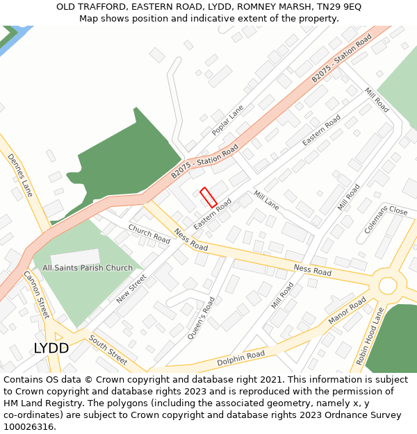 OLD TRAFFORD, EASTERN ROAD, LYDD, ROMNEY MARSH, TN29 9EQ: Location map and indicative extent of plot