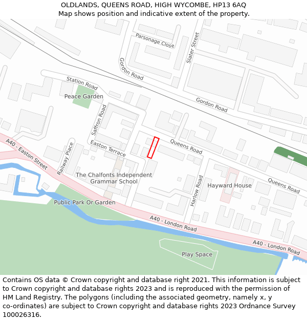 OLDLANDS, QUEENS ROAD, HIGH WYCOMBE, HP13 6AQ: Location map and indicative extent of plot