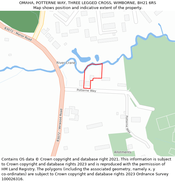 OMAHA, POTTERNE WAY, THREE LEGGED CROSS, WIMBORNE, BH21 6RS: Location map and indicative extent of plot