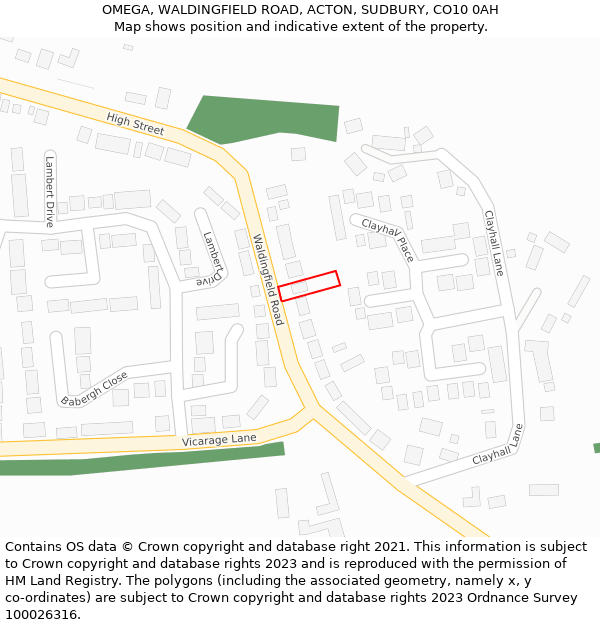 OMEGA, WALDINGFIELD ROAD, ACTON, SUDBURY, CO10 0AH: Location map and indicative extent of plot