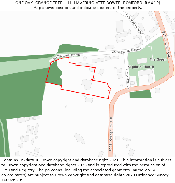 ONE OAK, ORANGE TREE HILL, HAVERING-ATTE-BOWER, ROMFORD, RM4 1PJ: Location map and indicative extent of plot