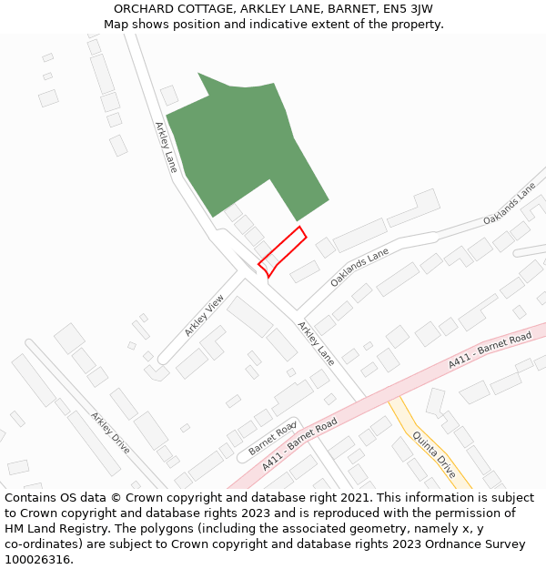 ORCHARD COTTAGE, ARKLEY LANE, BARNET, EN5 3JW: Location map and indicative extent of plot