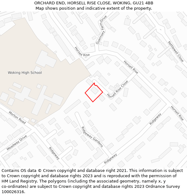 ORCHARD END, HORSELL RISE CLOSE, WOKING, GU21 4BB: Location map and indicative extent of plot