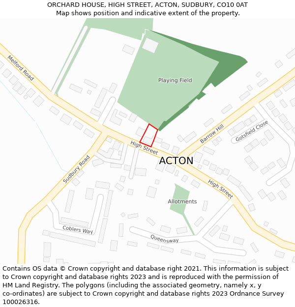 ORCHARD HOUSE, HIGH STREET, ACTON, SUDBURY, CO10 0AT: Location map and indicative extent of plot