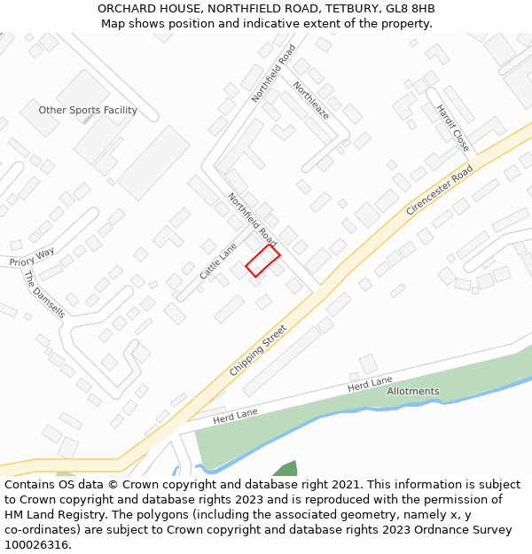 ORCHARD HOUSE, NORTHFIELD ROAD, TETBURY, GL8 8HB: Location map and indicative extent of plot