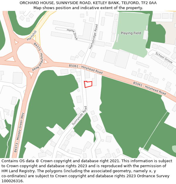 ORCHARD HOUSE, SUNNYSIDE ROAD, KETLEY BANK, TELFORD, TF2 0AA: Location map and indicative extent of plot