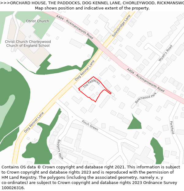 ORCHARD HOUSE, THE PADDOCKS, DOG KENNEL LANE, CHORLEYWOOD, RICKMANSWORTH, WD3 5EW: Location map and indicative extent of plot