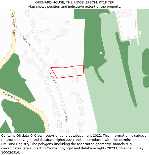 ORCHARD HOUSE, THE RIDGE, EPSOM, KT18 7EP: Location map and indicative extent of plot