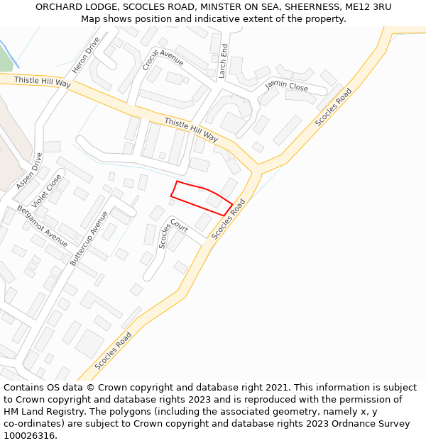 ORCHARD LODGE, SCOCLES ROAD, MINSTER ON SEA, SHEERNESS, ME12 3RU: Location map and indicative extent of plot