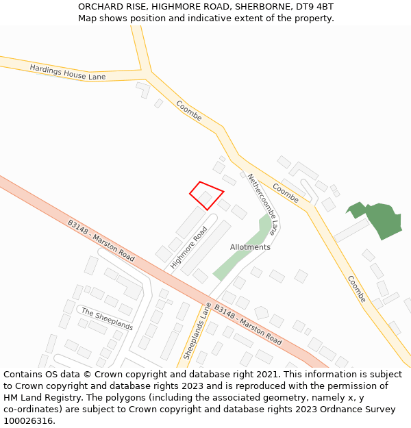 ORCHARD RISE, HIGHMORE ROAD, SHERBORNE, DT9 4BT: Location map and indicative extent of plot