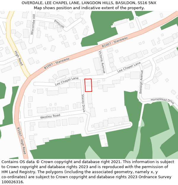 OVERDALE, LEE CHAPEL LANE, LANGDON HILLS, BASILDON, SS16 5NX: Location map and indicative extent of plot