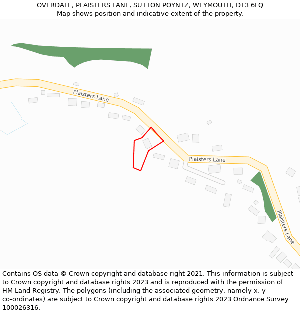 OVERDALE, PLAISTERS LANE, SUTTON POYNTZ, WEYMOUTH, DT3 6LQ: Location map and indicative extent of plot