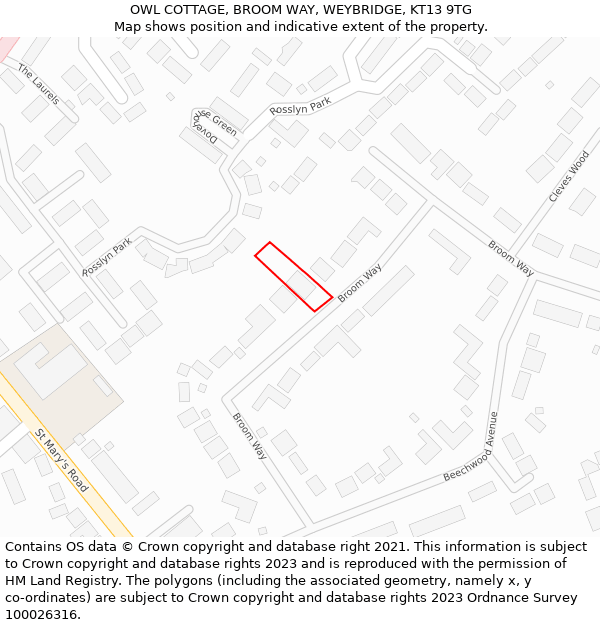 OWL COTTAGE, BROOM WAY, WEYBRIDGE, KT13 9TG: Location map and indicative extent of plot