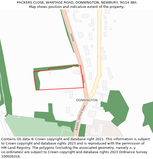 PACKERS CLOSE, WANTAGE ROAD, DONNINGTON, NEWBURY, RG14 3BA: Location map and indicative extent of plot