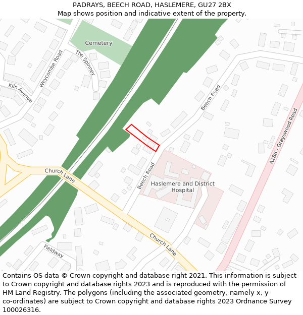 PADRAYS, BEECH ROAD, HASLEMERE, GU27 2BX: Location map and indicative extent of plot