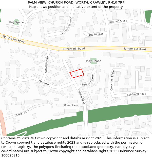 PALM VIEW, CHURCH ROAD, WORTH, CRAWLEY, RH10 7RP: Location map and indicative extent of plot