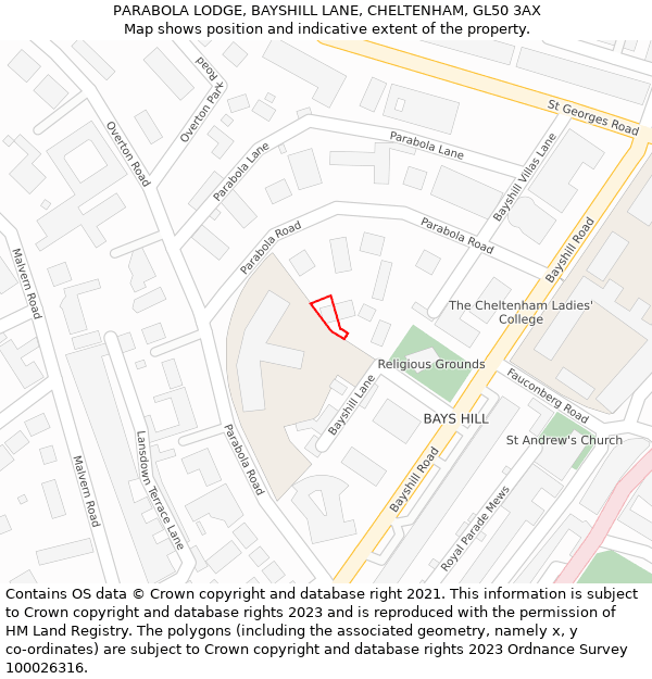 PARABOLA LODGE, BAYSHILL LANE, CHELTENHAM, GL50 3AX: Location map and indicative extent of plot
