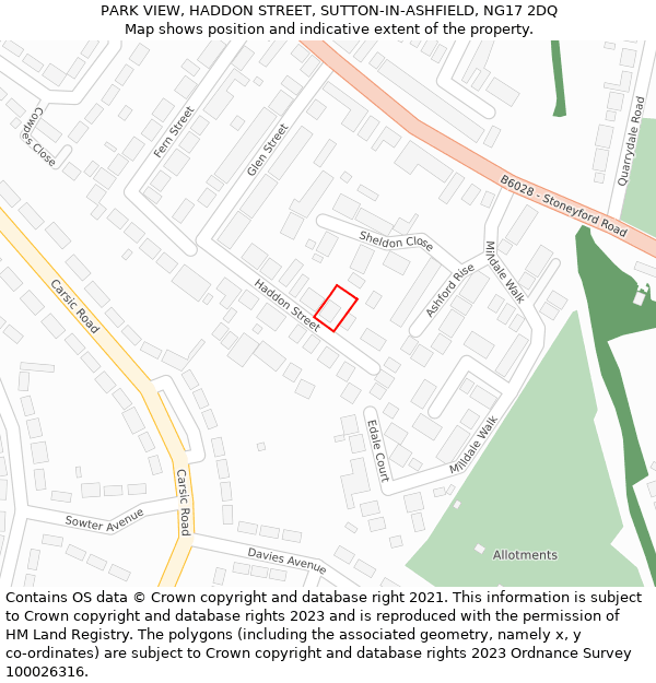 PARK VIEW, HADDON STREET, SUTTON-IN-ASHFIELD, NG17 2DQ: Location map and indicative extent of plot