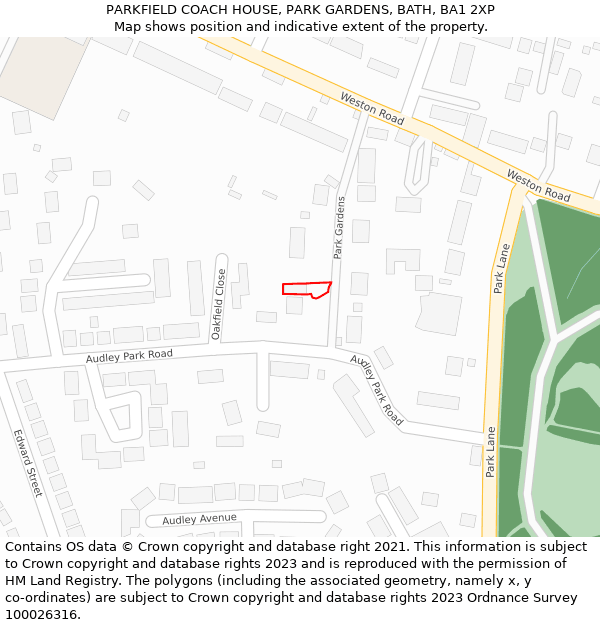 PARKFIELD COACH HOUSE, PARK GARDENS, BATH, BA1 2XP: Location map and indicative extent of plot