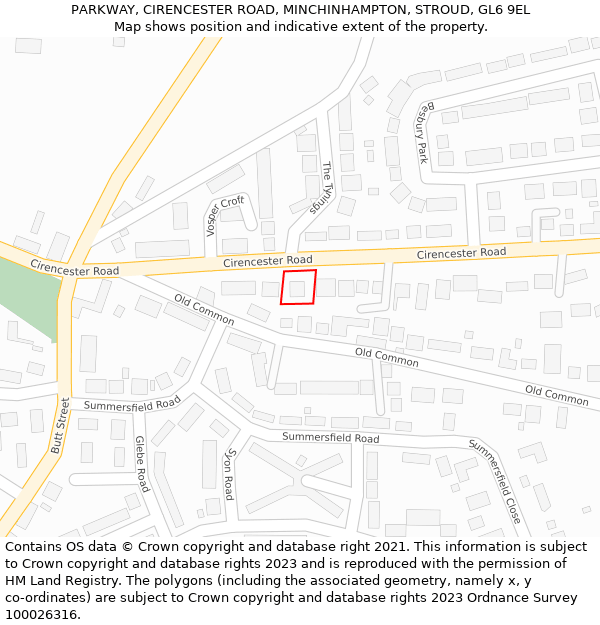 PARKWAY, CIRENCESTER ROAD, MINCHINHAMPTON, STROUD, GL6 9EL: Location map and indicative extent of plot