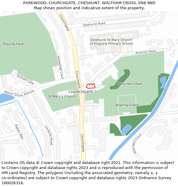 PARKWOOD, CHURCHGATE, CHESHUNT, WALTHAM CROSS, EN8 9ND: Location map and indicative extent of plot