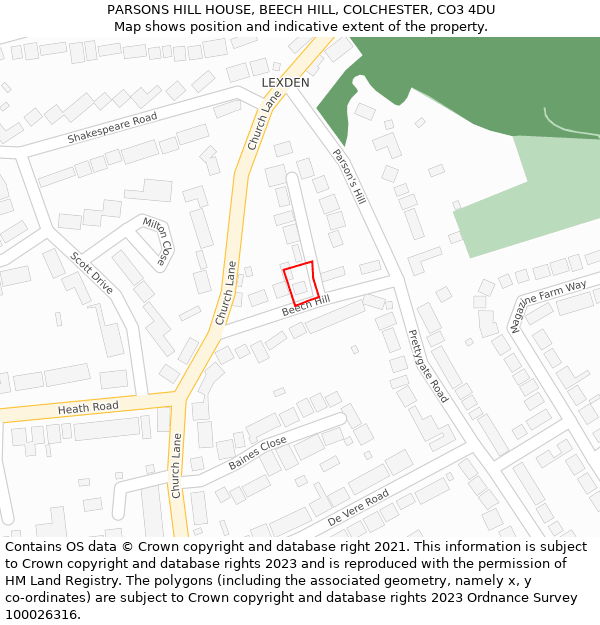PARSONS HILL HOUSE, BEECH HILL, COLCHESTER, CO3 4DU: Location map and indicative extent of plot