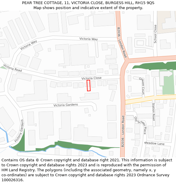 PEAR TREE COTTAGE, 11, VICTORIA CLOSE, BURGESS HILL, RH15 9QS: Location map and indicative extent of plot