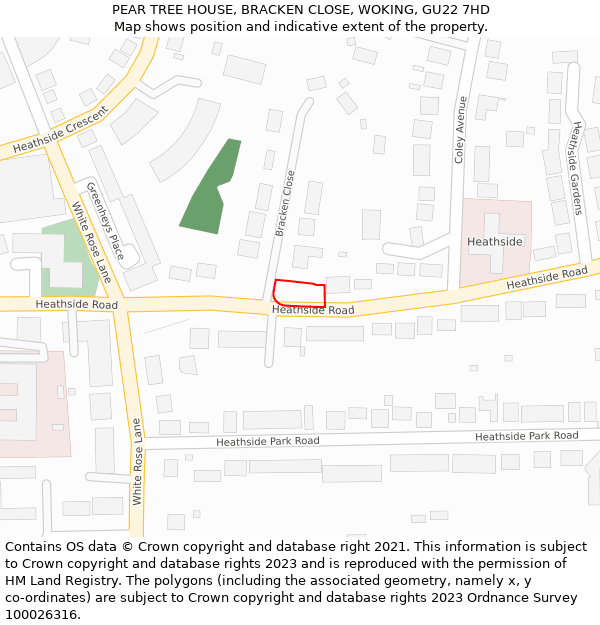 PEAR TREE HOUSE, BRACKEN CLOSE, WOKING, GU22 7HD: Location map and indicative extent of plot
