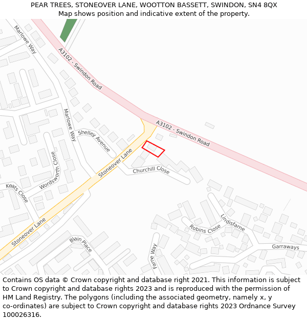 PEAR TREES, STONEOVER LANE, WOOTTON BASSETT, SWINDON, SN4 8QX: Location map and indicative extent of plot