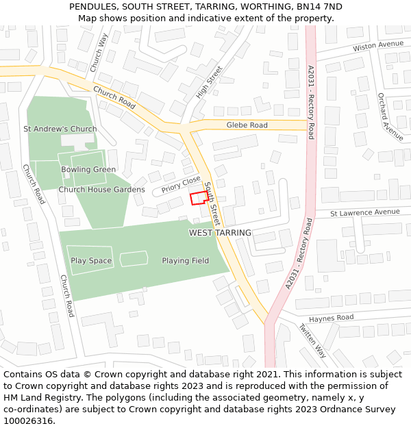 PENDULES, SOUTH STREET, TARRING, WORTHING, BN14 7ND: Location map and indicative extent of plot