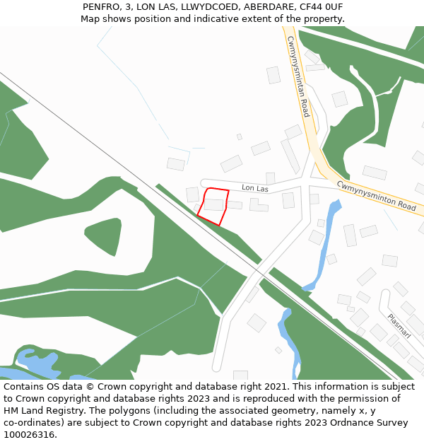 PENFRO, 3, LON LAS, LLWYDCOED, ABERDARE, CF44 0UF: Location map and indicative extent of plot