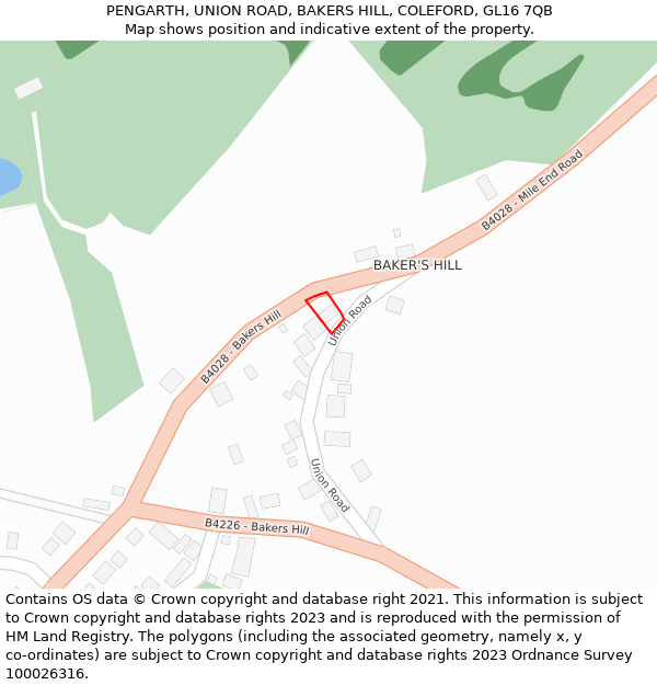 PENGARTH, UNION ROAD, BAKERS HILL, COLEFORD, GL16 7QB: Location map and indicative extent of plot