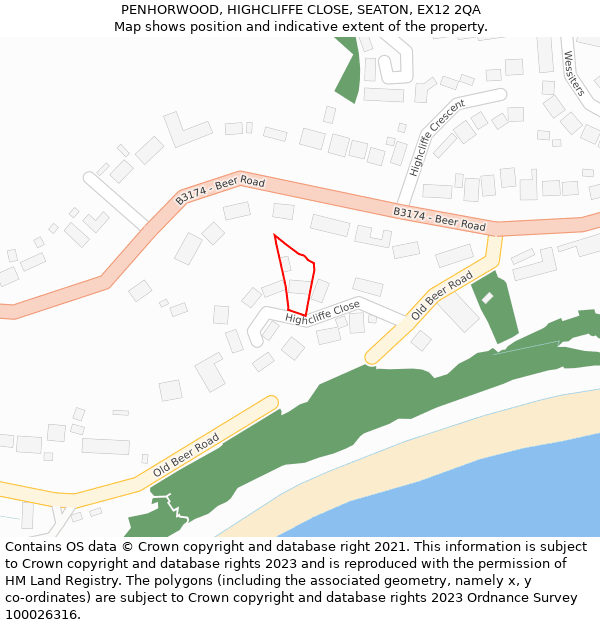 PENHORWOOD, HIGHCLIFFE CLOSE, SEATON, EX12 2QA: Location map and indicative extent of plot