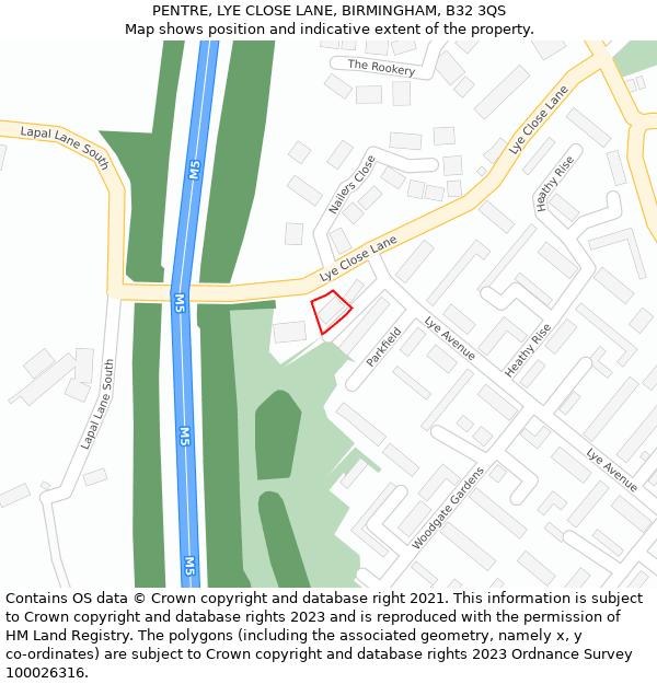 PENTRE, LYE CLOSE LANE, BIRMINGHAM, B32 3QS: Location map and indicative extent of plot