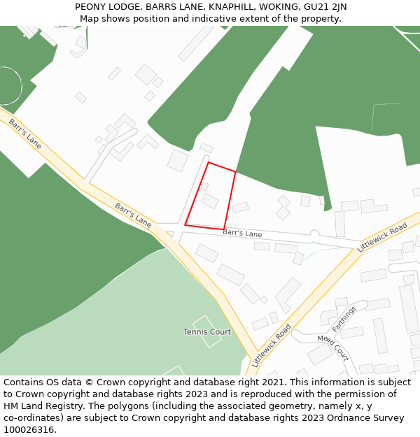 PEONY LODGE, BARRS LANE, KNAPHILL, WOKING, GU21 2JN: Location map and indicative extent of plot