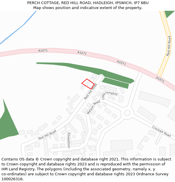 PERCH COTTAGE, RED HILL ROAD, HADLEIGH, IPSWICH, IP7 6BU: Location map and indicative extent of plot