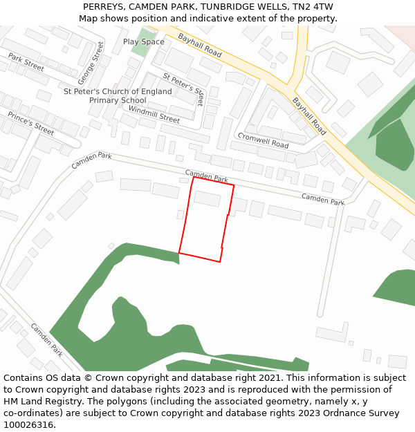 PERREYS, CAMDEN PARK, TUNBRIDGE WELLS, TN2 4TW: Location map and indicative extent of plot