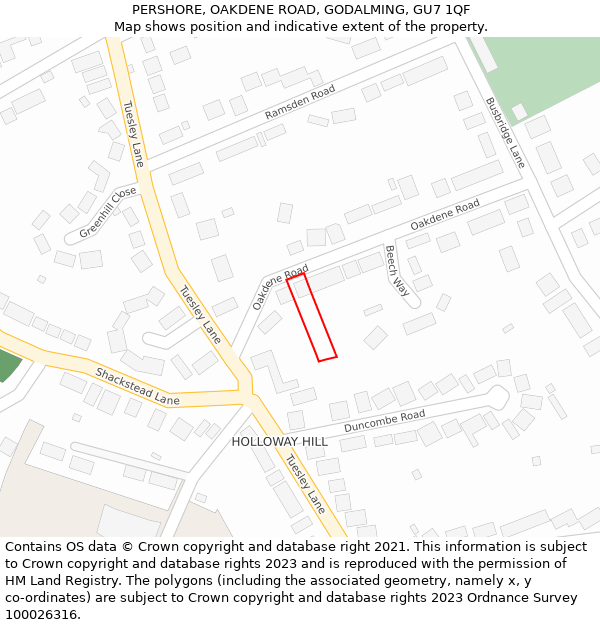 PERSHORE, OAKDENE ROAD, GODALMING, GU7 1QF: Location map and indicative extent of plot