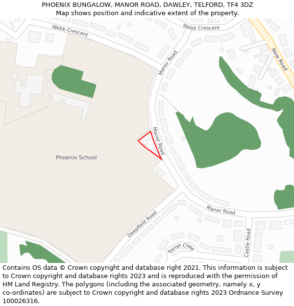 PHOENIX BUNGALOW, MANOR ROAD, DAWLEY, TELFORD, TF4 3DZ: Location map and indicative extent of plot