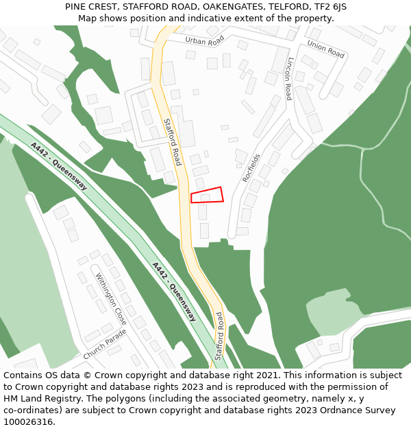 PINE CREST, STAFFORD ROAD, OAKENGATES, TELFORD, TF2 6JS: Location map and indicative extent of plot